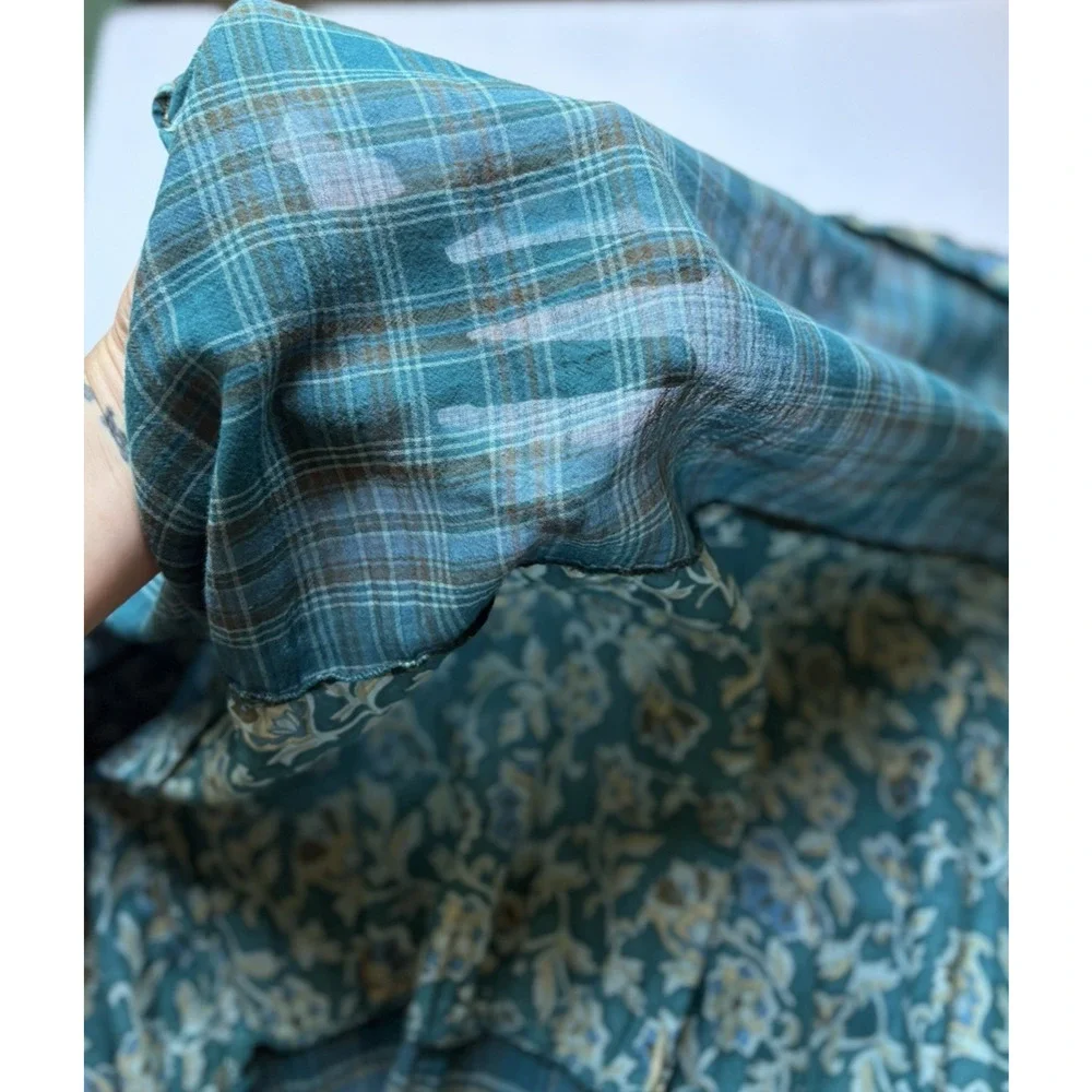 Cottagecore Teal Patchwork Midi Skirt S/M Plaid Floral Ruffle Prairie Boho